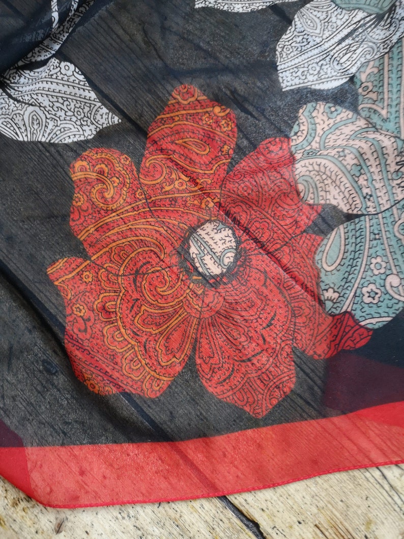 Vintage Codello bohemian 70s scarf paisley black floral design ladies accessories red boarder gift birthday Christmas Dolly Topsy Etsy UK