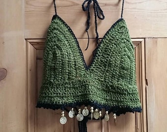 Crochet bralet top crop tops summer festival teen clothing khaki camo fringing boho clothes beach hippie womens clothing Dolly Topsy Etsy UK