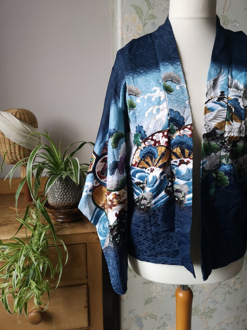 Vintage Japanese kimono jacket navy blue floral design bohemian hippie coat party top womens clothing retro traditional Dolly Topsy Etsy UK