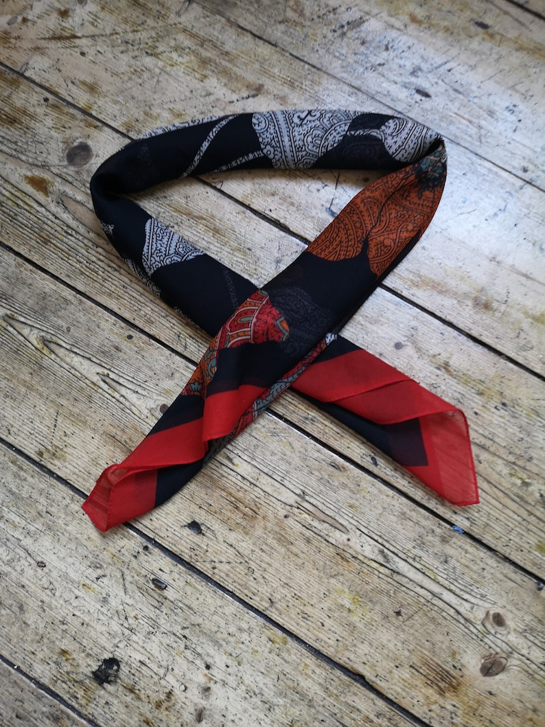 Vintage Codello bohemian 70s scarf paisley black floral design ladies accessories red boarder gift birthday Christmas Dolly Topsy Etsy UK