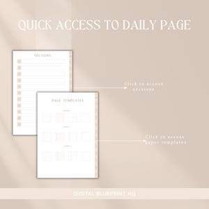 May include: Two open digital planner pages with the text "QUICK ACCESS TO DAILY PAGE". One page shows "SECTIONS" and the other "PAGE TEMPLATES". Arrows point to the sections and templates. The text "DIGITAL BLUEPRINT HQ" is at the bottom.