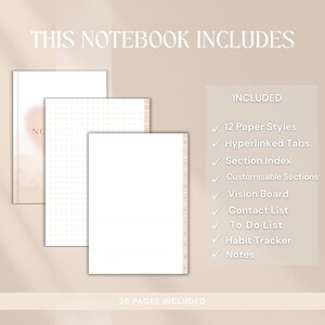 May include: A digital notebook with a soft beige cover and interior pages. The image shows the notebook open, revealing lined and grid paper. Text on the image reads "THIS NOTEBOOK INCLUDES" and lists features like "12 Paper Styles" and "Habit Tracker."