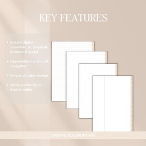 May include: A digital product mockup featuring four white paper templates with different grid patterns. The text "KEY FEATURES" is at the top, and the text "DIGITAL BLUEPRINT HQ" is at the bottom. The templates are designed for use on an iPad or tablet.