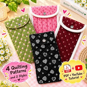 May include: Four quilted fabric pouches with snap closures, featuring green with pink dots, pink with floral patterns, black with white hearts, and maroon with small hearts. The image includes text stating 4 Quilting Patterns and 2 Styles.