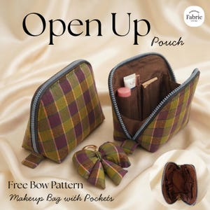 May include: Two makeup pouches and a fabric bow in a green, purple, and yellow plaid pattern. One pouch is closed, the other is open revealing brown interior pockets holding cosmetics. Text reads: Open Up Pouch, Free Bow Pattern Makeup Bag with Pockets.