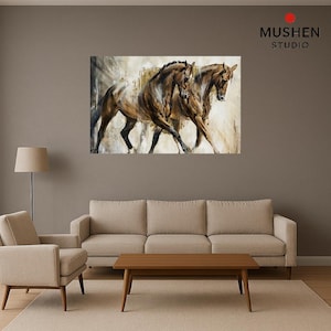 Impression abstraite sur toile de chevaux au galop : grande décoration murale