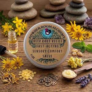 May include: A round metal tin labelled Powder Room Alchemy Deep Root Relief Fast-Acting Sensory Comfort Salve 2 oz, surrounded by yellow flowers, a small glass bottle of infused sunflower oil, beeswax pellets, metal gears, and lavender sprigs.