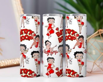 Retro cartoon meisje magere beker wrap: Betty Boop naadloos ontwerp (digitale png-download)