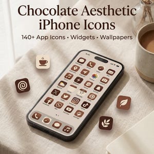 Puede incluir: Un smartphone muestra iconos de aplicaciones, widgets y fondos de pantalla personalizados de color chocolate. La pantalla muestra varios iconos de aplicaciones, incluyendo redes sociales y utilidades. El texto "Chocolate Aesthetic iPhone Icons" está en la parte superior, con "140+ App Icons • Widgets • Wallpapers" debajo.
