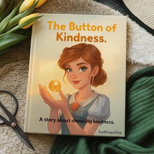 May include: A children's book titled "The Button of Kindness" features an illustration of a young woman holding a glowing orb. The cover art is soft and inviting, with the text "A story about choosing kindness."