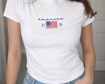 4 juli geborduurde baby-T-shirt America 1776, Patriotic Apparel, gemaakt in de VS