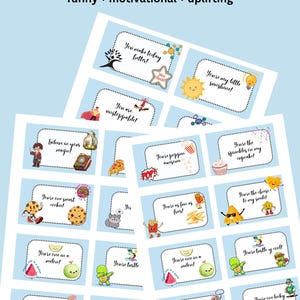 May include: A collection of lunchbox notes with a light blue background. Each note features a white border and a unique, colorful illustration with a motivational message. The text includes phrases like "You're my little sunshine!" and "You're one smart cookie!"