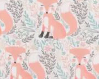 May include: A repeating pattern of cartoon foxes in shades of peach and white, with black boots and white-tipped tails. The foxes are surrounded by floral and foliage elements in soft green, gray, and pink hues, creating a whimsical design.