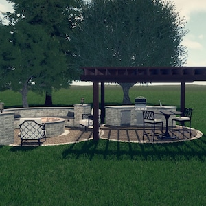 Könnte beinhalten: Außenbereich mit Feuerstelle, Grill und Essbereich. Die Feuerstelle ist von einer Steinmauer mit einem dekorativen Stuhl umgeben. Der Grill und der Essbereich befinden sich unter einer Holzpergola. Der Bereich ist von Gras und Bäumen umgeben.