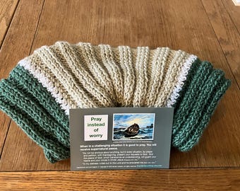Hand knitted and crocheted prayer shawl (about 25" x 19" with prayer card)