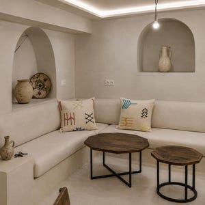 Pode incluir: Um sofá de canto embutido na cor creme com duas almofadas decorativas com padrões geométricos coloridos, combinado com duas mesas de centro octogonais de madeira escura sobre estruturas de metal preto, contra paredes com nichos em arco com cerâmica.