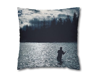 Fly Fishing Throw Pillow Cover - Fisherman Cabin Decor - Lake House Pillowcase - Rustic Outdoor Gift
