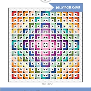 May include: A square quilt pattern titled Strip Theory Quilt by Sherri Noel, measuring 76.5 inches by 76.5 inches. The design features a grid of colorful geometric blocks in shades of pink, orange, yellow, green, blue, and purple, each with a black corner accent on a white background.
