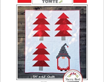 May include: A quilt pattern featuring a Scandinavian Tomte, a mythical creature associated with the Winter Solstice and Christmas, standing in front of three red Christmas trees. The quilt measures 54 inches by 62 inches.