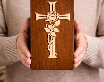 Handmade Wooden Cremation Urn with Christian Cross and Rose Detail – Memorial Keepsake Box