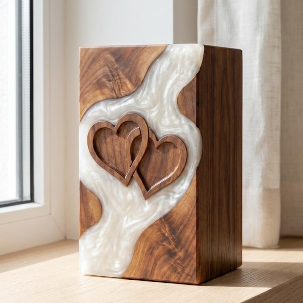 Personalized Walnut Resin Heart Memorial Urn, Handmade Cremation Keepsake Box