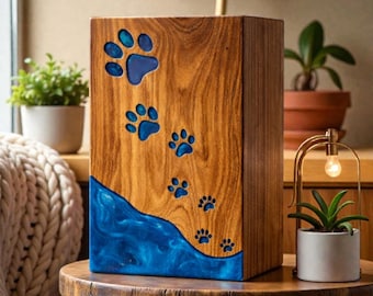 Handmade Wooden Pet Urn – Resin Paw Print Memorial Ash Box