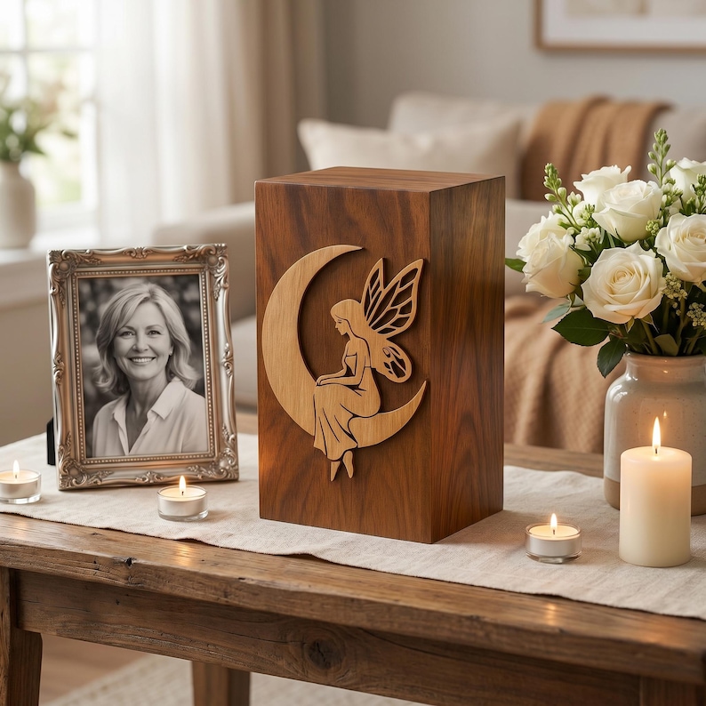May include: A rectangular wooden cremation urn featuring a light-toned wood cutout of a fairy sitting on a crescent moon attached to the front. The urn has a smooth, dark wood grain finish and stands upright on a flat surface.