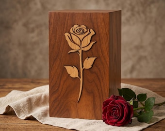 Wooden Rose Memorial Urn, Personalized Cremation Box for Human Ashes, Floral Keepsake