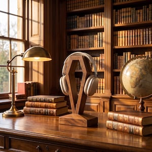 May include: A pair of light beige over-ear headphones resting on a geometric, coffin-shaped wooden stand. The stand features a dark brown wood grain finish and a wide rectangular base, positioned on a wooden desk surface.