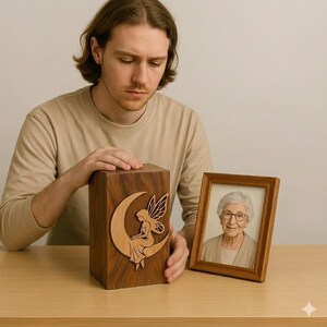 May include: A rectangular wooden cremation urn featuring a light-toned wood inlay of a fairy sitting on a crescent moon. Beside the urn sits a wooden picture frame containing a portrait of an elderly person with short white hair and glasses.