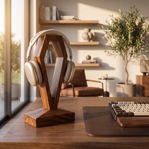 May include: A pair of light beige over-ear headphones resting on a geometric, dark brown wooden stand. The stand features a tall, angular, open-frame design with a wide, stable base, positioned on a wooden desk surface next to a mechanical keyboard.