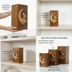 Sheesham Wood Fairy Moon Memorial Urn, Handmade Cremation Keepsake Box image 5