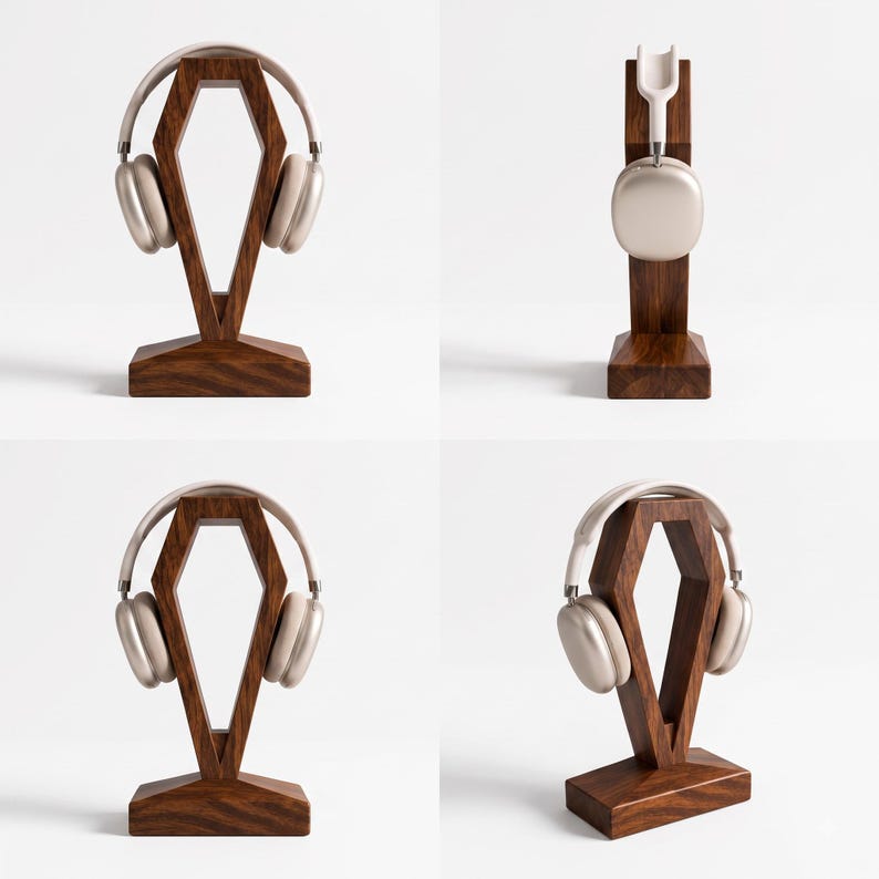 May include: A dark brown wooden headphone stand with a geometric, diamond-shaped frame and a rectangular base. The stand is shown from multiple angles, displaying a pair of light beige over-ear headphones resting on the top support structure.