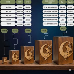 May include: Five rectangular wooden cremation urns in varying sizes, each featuring a light-colored wood inlay of a fairy sitting on a crescent moon. A chart above displays dimensions in inches, prior cremation weights in lbs, and capacities in cu/in.