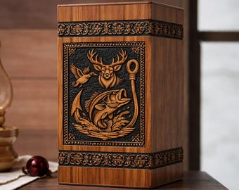 Hunting Memorial Urn – Deer Fishing Wooden Urn for Ashes Box