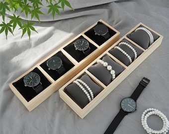 Handcrafted Wooden Watch Box – 4-Slot Velvet Jewelry Display Tray