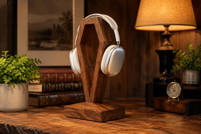May include: A dark brown wooden headphone stand shaped like a coffin, featuring a rectangular base and a vertical support structure. A pair of silver over-ear headphones with a white headband is resting on the top of the wooden stand.
