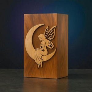 May include: A rectangular wooden box featuring a light-toned wood inlay of a fairy with wings sitting on a crescent moon. The box is constructed from a darker, rich-grained wood, providing a contrast to the lighter, detailed fairy and moon design.