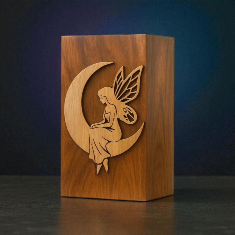 May include: A rectangular wooden box featuring a light-toned wood inlay of a fairy with wings sitting on a crescent moon. The box is constructed from a darker, rich-grained wood, providing a contrast to the lighter, detailed fairy and moon design.