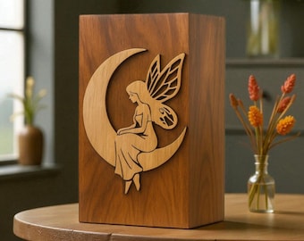 Sheesham Wood Urn with Fairy on Moon Inlay | Memorial Keepsake Box for Human Ashes