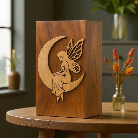 Sheesham Wood Urn with Fairy on Moon Inlay | Memorial Keepsake Box for Human Ashes