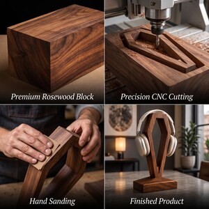 May include: A four-part collage showing the creation of a wooden headphone stand. It features a solid dark wood block, a CNC machine cutting a geometric shape, a person sanding the wood, and a finished stand holding white headphones.