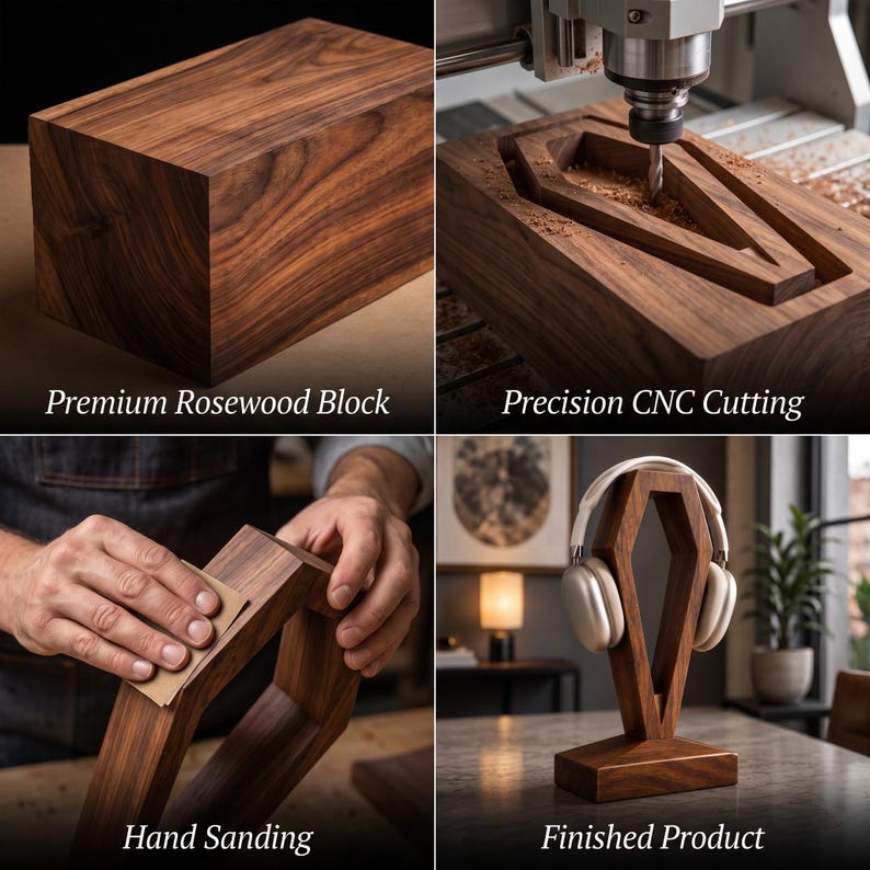 May include: A four-part collage showing the creation of a wooden headphone stand. It features a solid dark wood block, a CNC machine cutting a geometric shape, a person sanding the wood, and a finished stand holding white headphones.