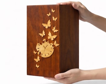 Wooden Memorial Urn with Clock | Cremation Urn for Human Ashes | Handmade Sympathy Keepsake Box