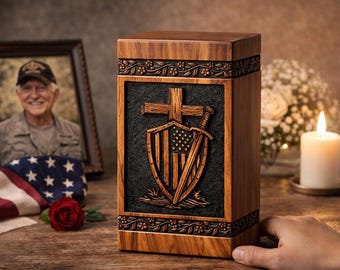 Christian Memorial Urn – Cross Shield Wooden Urn for Ashes