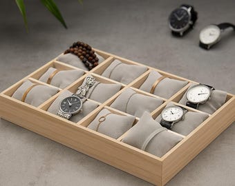 12-Slot Wooden Watch Organizer Box, Velvet Cushion Jewelry Display