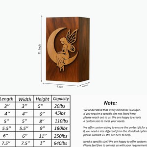 May include: A rectangular dark wood memorial urn featuring a light wood cutout of a fairy sitting on a crescent moon. The urn is labeled with dimensions of 11 inches in height and 6 inches in width. A size chart lists dimensions in inches and capacity in lbs.