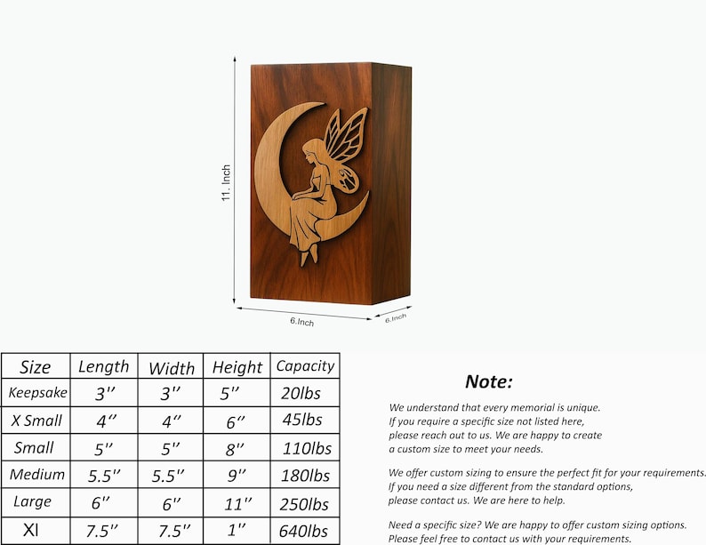 May include: A rectangular dark wood memorial urn featuring a light wood cutout of a fairy sitting on a crescent moon. The urn is labeled with dimensions of 11 inches in height and 6 inches in width. A size chart lists dimensions in inches and capacity in lbs.