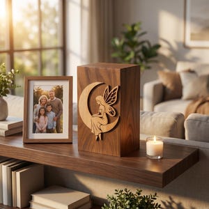 May include: A rectangular wooden urn featuring a carved light-wood inlay of a fairy sitting on a crescent moon. Beside it sits a wooden picture frame containing a photograph of a family of four and a small glass candle holder with a lit candle.