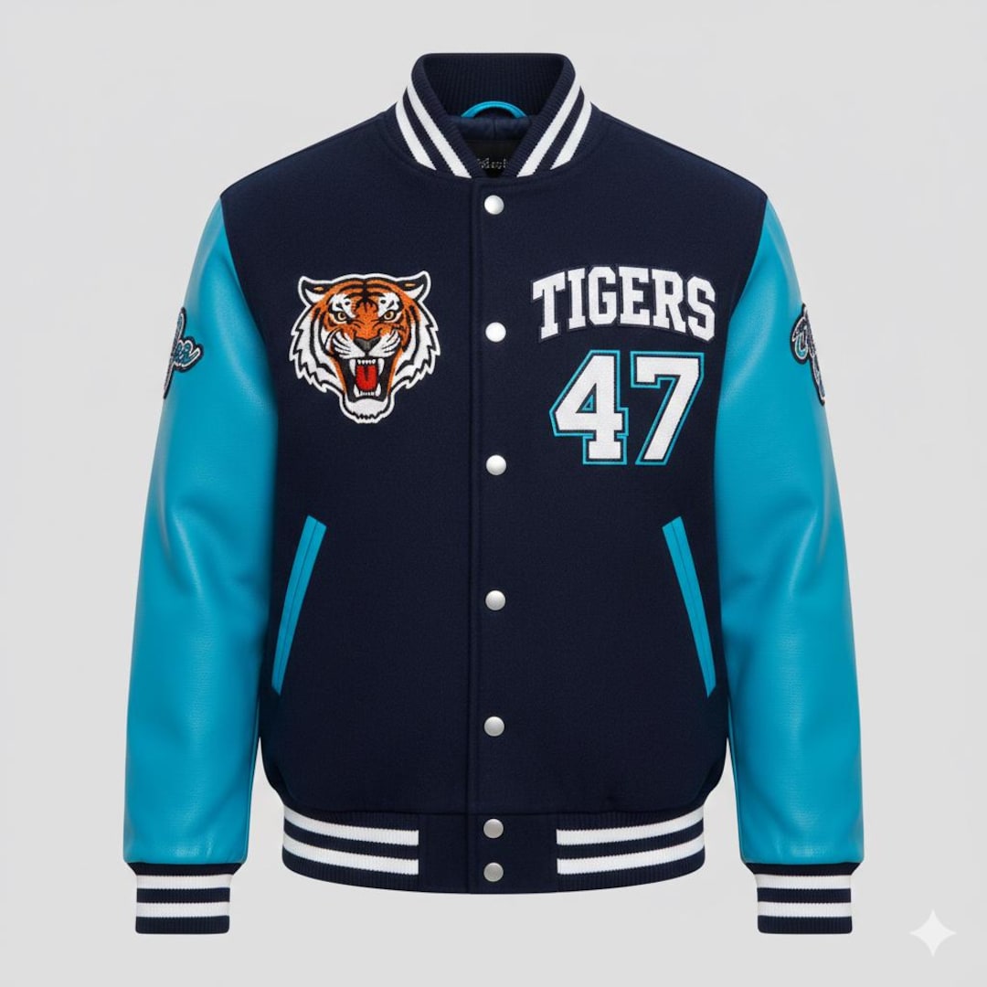 Tigers 47 Varsity Jacket – Navy Blue & Teal, Embroidered Tiger Patch - Etsy